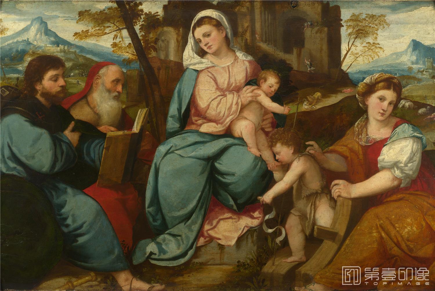 油画-大英博物馆藏画-Bonifazio di Pitati - The Madonna and Child with Saints-0312